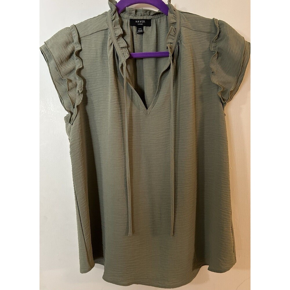 HAVER Women's M Green Solid V-Neck Tie Blouse Ruffle Short Sleeve Woven